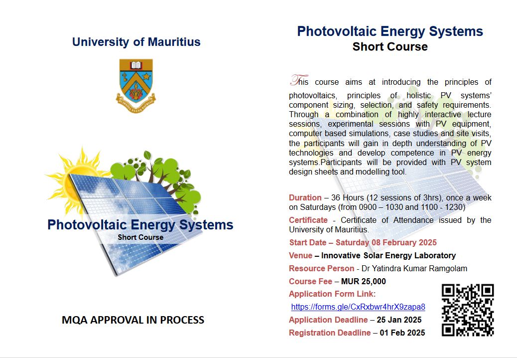 Short Course on Photovoltaic Energy Systems